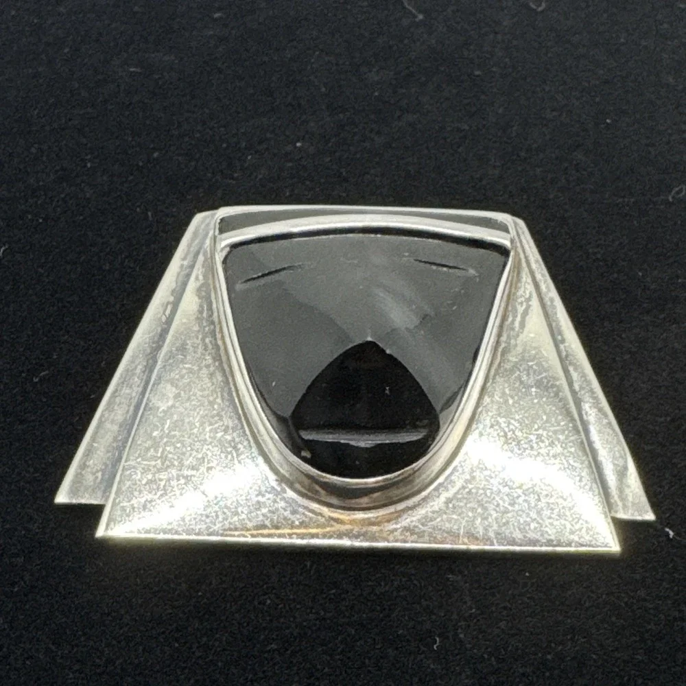Fred Davis‎ Sterling Silver Obsidian Mask Brooch Mexico Vintage Modernist Pin